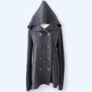 Y2K Grey Ribbed Chunky Knit Hooded Double Breast Buttons Cardigan Grunge Large